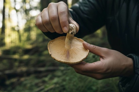 Person's hand holding wild mushroom upside down in forest with gills visible. Symbol of autumn