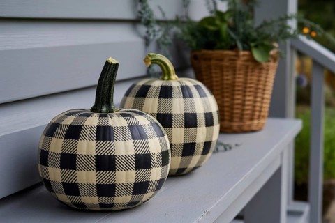 Black and white checkered painted pumpkins displayed in front of house as creative seasonal