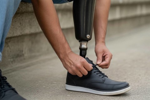 Close up of person tying shoelaces on prosthetic leg showing daily life with disability and
