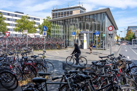 Cycling in Münster, large bicycle parking area in front of Münster main station, bicycle station,