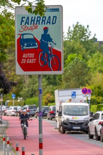 Cycling in Münster, cycle lane, Goldstraße, red asphalt and pictograms indicate to motorists that