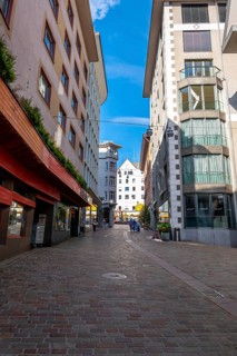 Beautiful City Street with Building and Shop with Blue Sky in a Sunny Summer Day in St Moritz,