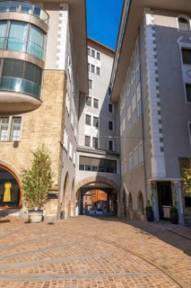 Beautiful City Street with Building and Shop with Blue Sky in a Sunny Summer Day in St Moritz,