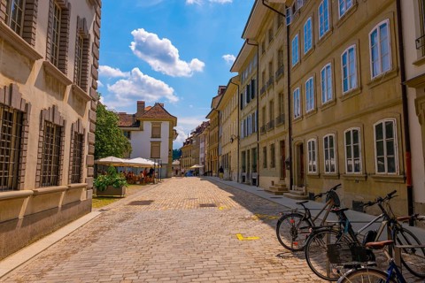 Cityscape and Bicycle in a Sunny Summer Day in City of Fribourg, Canton Fribourg, Switzerland