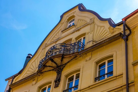 Old Building with Beautiful Balcony in a Sunny Summer Day in City of Fribourg, Canton Fribourg,