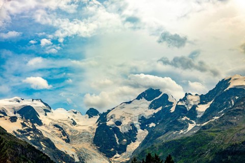 Beautiful View over the Swiss Alps with Glacier Morteratsch, Piz Bernina (4, 049 m), Piz Palü (3,