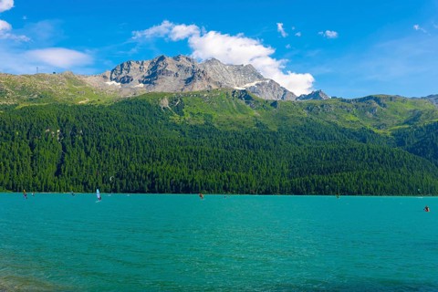 Windsurfing and Wingsurfing on Alpine Lake Silvaplana in a Sunny Summer Day with Mountain in