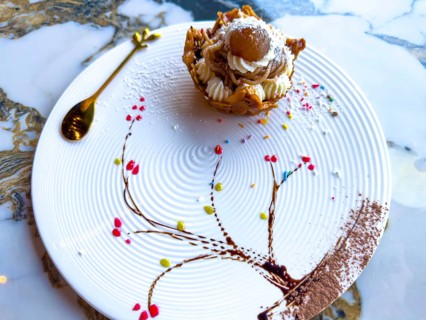 Beautiful Sweet Dessert Vermicelli on an Elegant Decorated Plate in a Restaurant in Italy