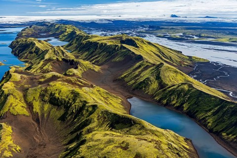 Mountain landscape, lake, lake district, volcanic landscape, sunny, aerial view, summer, Langisjör,