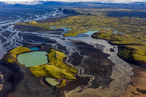Mountain landscape, lake, river, river delta, sunny, aerial view, summer, Langisjör, Icelandic