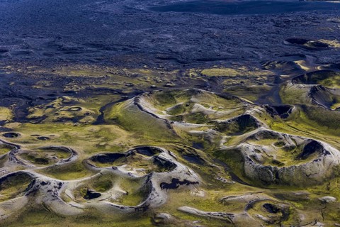 Volcanic landscape, volcanic crater, sunny, aerial view, summer, Laki, Lakagigar, Vatnajökull