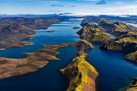 Mountain landscape, lake, lake district, volcanic landscape, sunny, aerial view, summer, Langisjör,