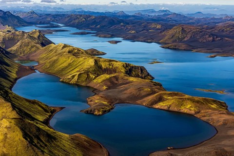 Mountain landscape, lake, lake district, volcanic landscape, sunny, aerial view, summer, Langisjör,