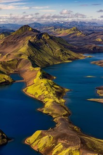 Mountain landscape, lake, lake district, volcanic landscape, sunny, aerial view, summer, Langisjör,