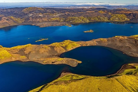 Mountain landscape, lake, lake district, volcanic landscape, sunny, aerial view, summer, Langisjör,