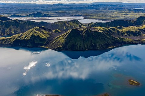 Mountain landscape, lake, lake district, volcanic landscape, backlight, sunny, aerial view, summer,