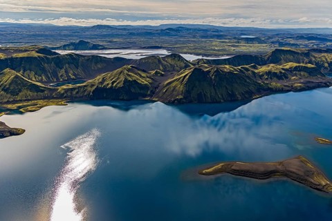 Mountain landscape, lake, lake district, volcanic landscape, backlight, sunny, aerial view, summer,