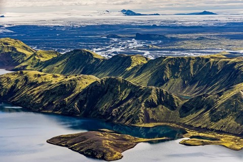 Mountain landscape, lake, lake district, volcanic landscape, backlight, sunny, aerial view, summer,