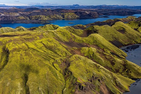 Mountain landscape, lake, lake district, sunny, aerial view, summer, Langisjör, Icelandic