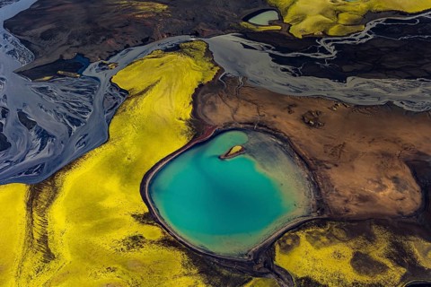Mountain landscape, lake, river, river delta, sunny, aerial view, summer, Langisjör, Icelandic