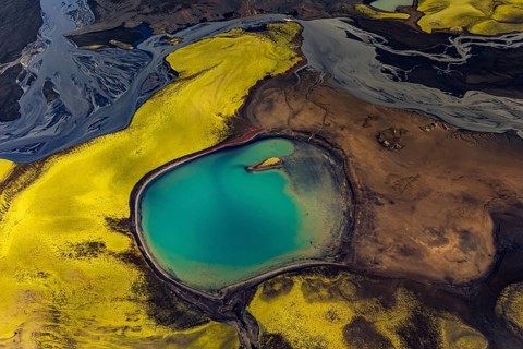 Mountain landscape, lake, river, river delta, sunny, aerial view, summer, Langisjör, Icelandic