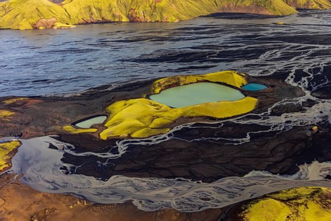 Mountain landscape, lake, river, river delta, sunny, aerial view, summer, Langisjör, Icelandic