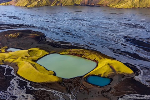 Mountain landscape, lake, river, river delta, sunny, aerial view, summer, Langisjör, Icelandic