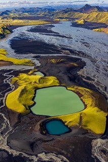 Mountain landscape, lake, river, river delta, sunny, aerial view, summer, Langisjör, Icelandic