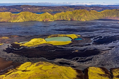 Mountain landscape, lake, river, river delta, sunny, aerial view, summer, Langisjör, Icelandic