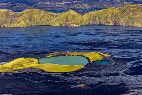 Mountain landscape, lake, river, river delta, sunny, aerial view, summer, Langisjör, Icelandic