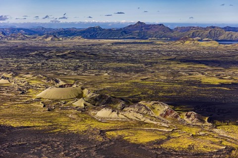 Volcanic landscape, volcanic crater, sunny, aerial view, summer, Laki, Lakagigar, Vatnajökull