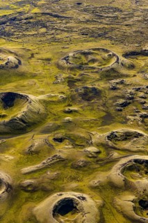 Volcanic landscape, volcanic crater, sunny, backlight, aerial view, summer, Laki, Lakagigar,