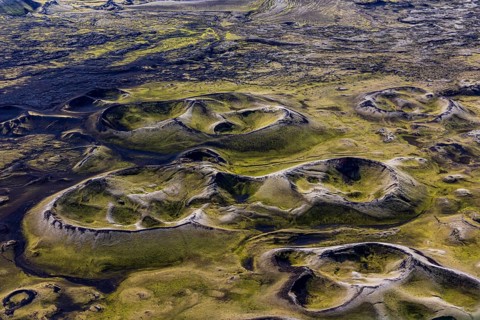 Volcanic landscape, volcanic crater, sunny, backlight, aerial view, summer, Laki, Lakagigar,