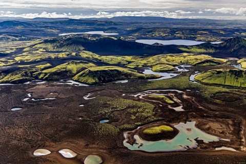 Mountain landscape, lake, volcanic landscape, sunny, backlight, aerial view, summer, Langisjör,