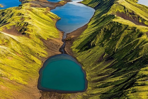 Mountain landscape, lake, lake district, volcanic landscape, sunny, aerial view, summer, Langisjör,