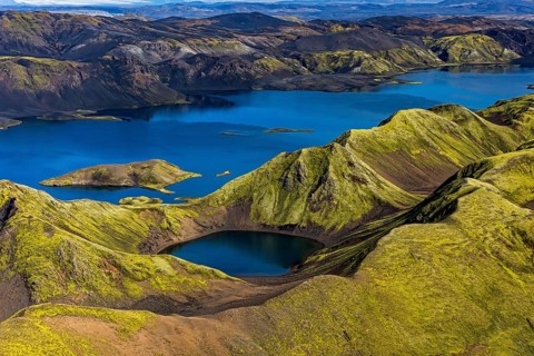 Mountain landscape, lake, lake district, volcanic landscape, sunny, aerial view, summer, Langisjör,
