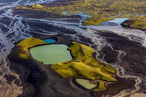 Mountain landscape, lake, river, river delta, sunny, aerial view, summer, Langisjör, Icelandic