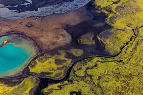 Mountain landscape, lake, river, river delta, sunny, aerial view, summer, Langisjör, Icelandic