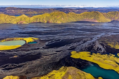 Mountain landscape, lake, river, river delta, sunny, aerial view, summer, Langisjör, Icelandic