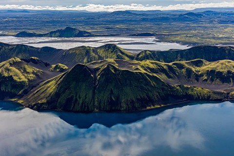 Mountain landscape, lake, lake district, volcanic landscape, backlight, sunny, aerial view, summer,