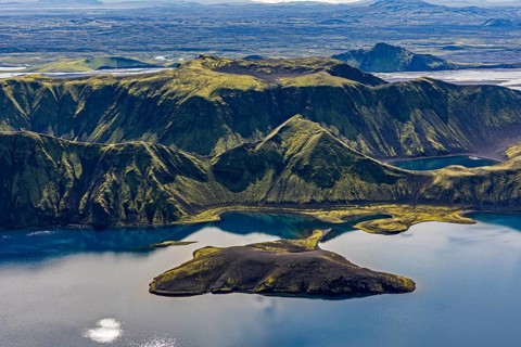 Mountain landscape, lake, lake district, volcanic landscape, backlight, sunny, aerial view, summer,