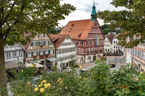 Town hall and half-timbered houses in Backnang, Rems-Murr district, Baden-Württemberg, Germany