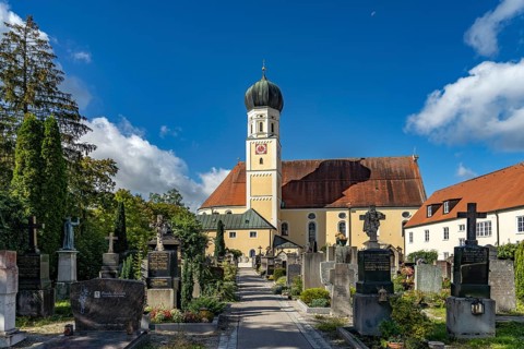 The parish church of St Magdalena and cemetery in Fürstenfeldbruck, Bavaria, Germany