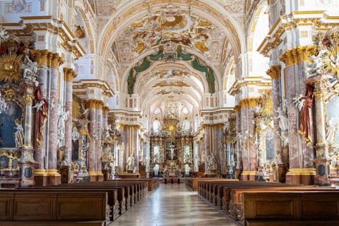 Interior of the monastery church of St Mary's Assumption in Fürstenfeldbruck, Bavaria, Germany