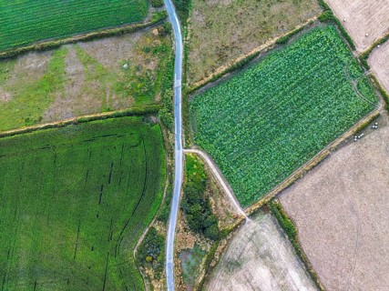 Top Down view over fields and farms from a drone, Kynance Cove, Mount's Bay, Lizard Point,