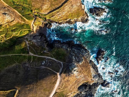 Top Down view over cliffs from a drone, Lizard Peninsula, South West Coast Path, Lizard, Cornwall,