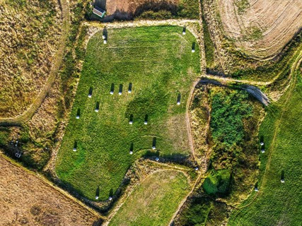 Top Down view over Cornwall fields and farms from a drone, Lizard Peninsula, South West Coast Path,