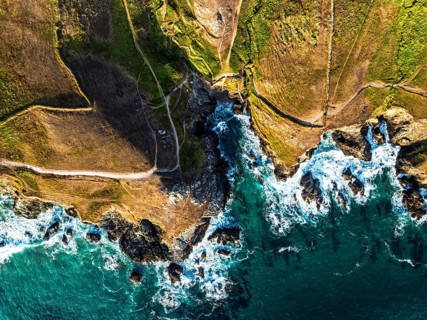 Top Down view over cliffs from a drone, Lizard Peninsula, South West Coast Path, Lizard, Cornwall,
