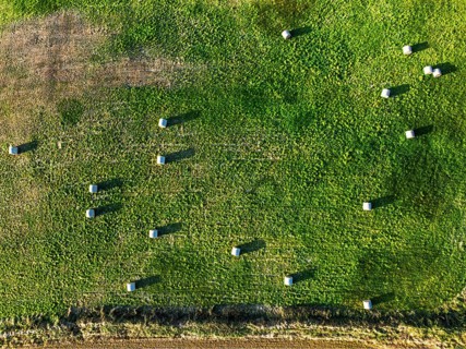 Top Down view over Cornwall fields and farms from a drone, Lizard Peninsula, South West Coast Path,