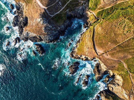 Top Down view over cliffs from a drone, Lizard Peninsula, South West Coast Path, Lizard, Cornwall,
